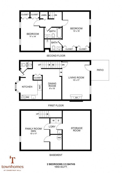 Floor plan for 2 beds, 2.5 baths, 1650 sqft